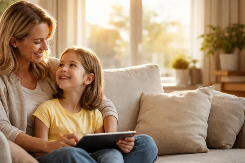 Mamă și fiică pe canapea, cu tabletă