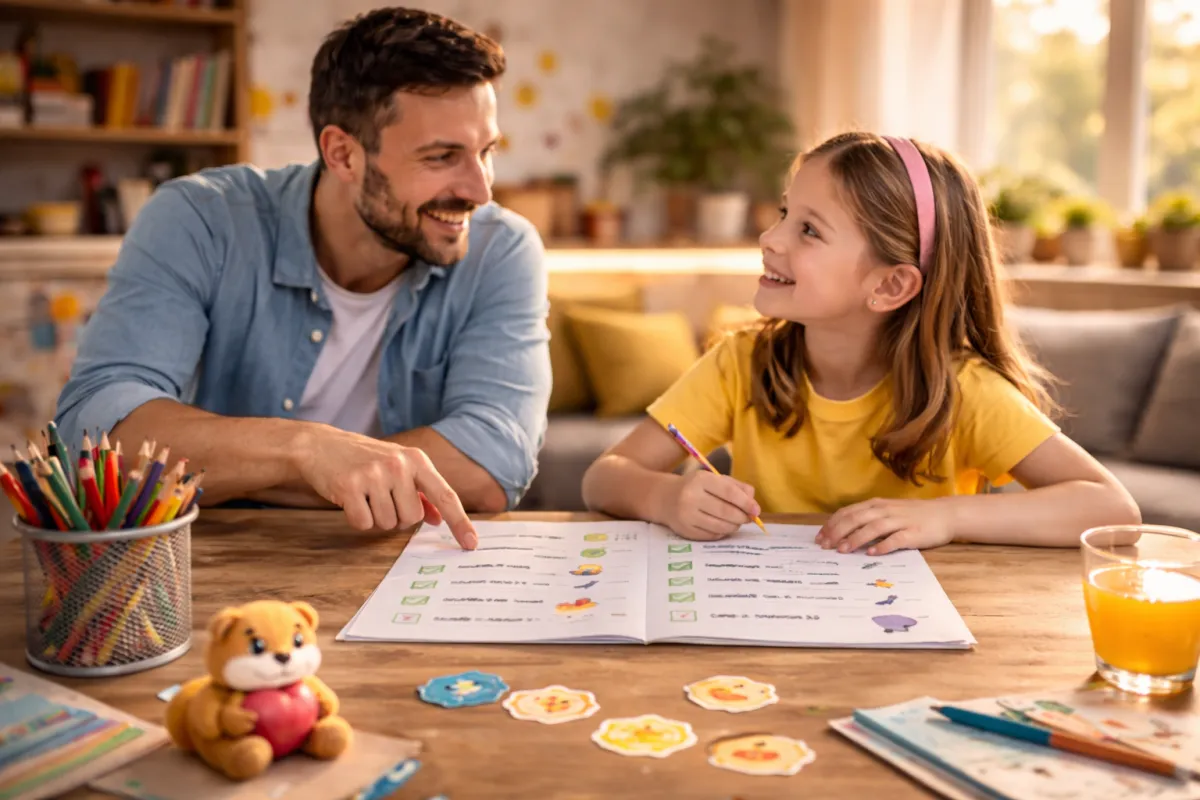 Tată și fiică parcurgând împreună o listă de activități zilnice