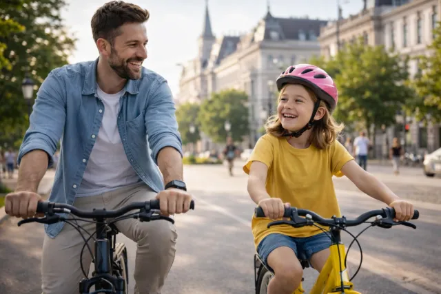 Tată și copil pedalând împreună prin centrul orașului